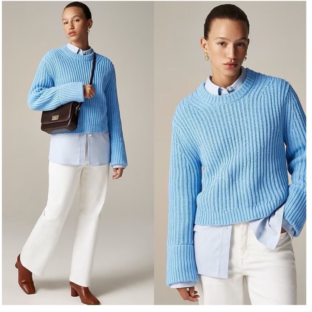 J Crew Heritage Cotton Fisherman Crewneck Sweater Blue Medium